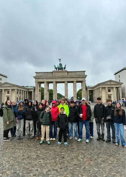 Pupils from the International School of Bremen (ISB), a private boarding school in Germany, in front of the Brandenburg Gate